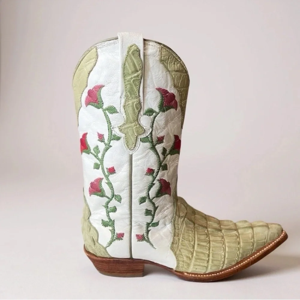 Botas Aguila Real Crocodile Boots Green Floral Leather Women’s Size 4.5
